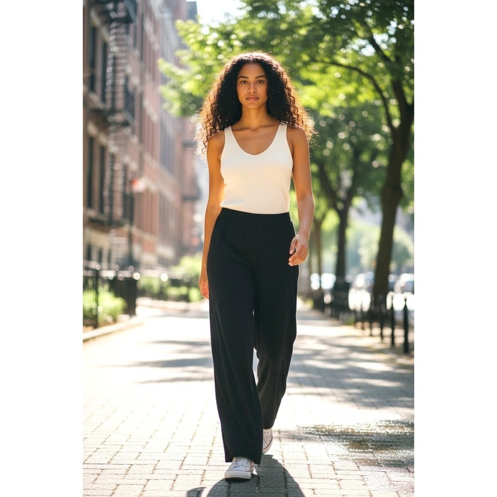 (A-18)D&Co Denim & Co Black Pull-On Capri Pants Women MT Large Tall Stretch Pock